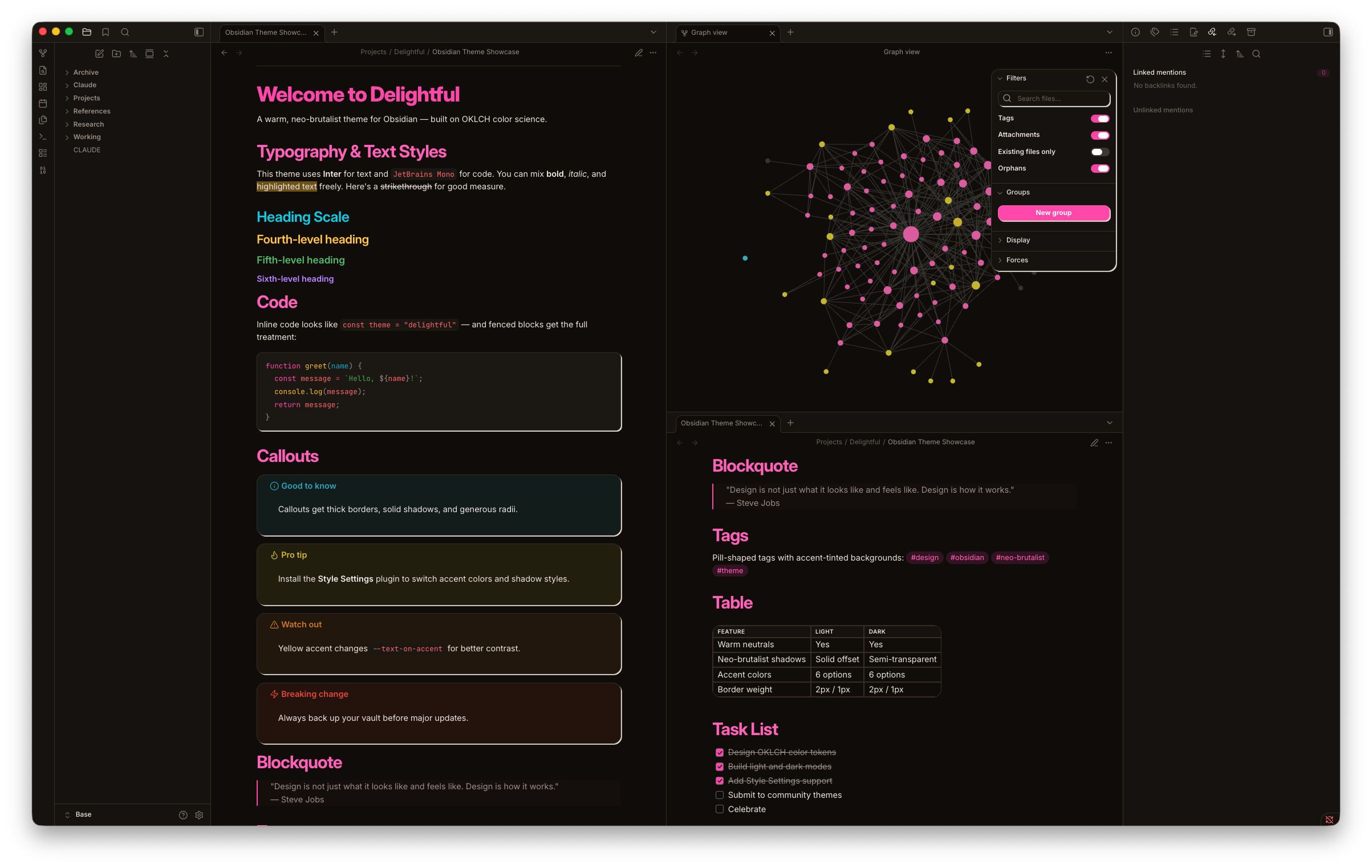 Delightful Obsidian dark theme